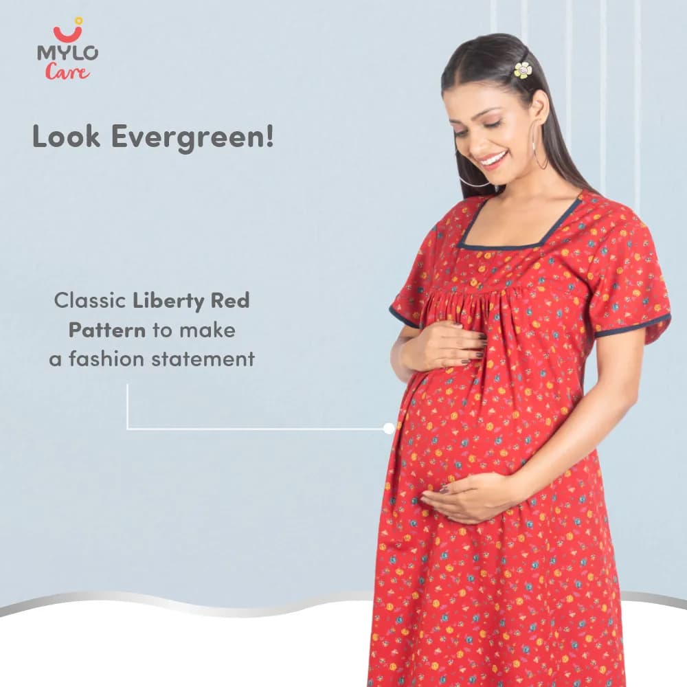 Maternity Dresses For Women with Both Side Zipper For Easy Feeding | Adjustable Belt for Growing Belly | Maxi Nighty Dress | Liberty Red | XL