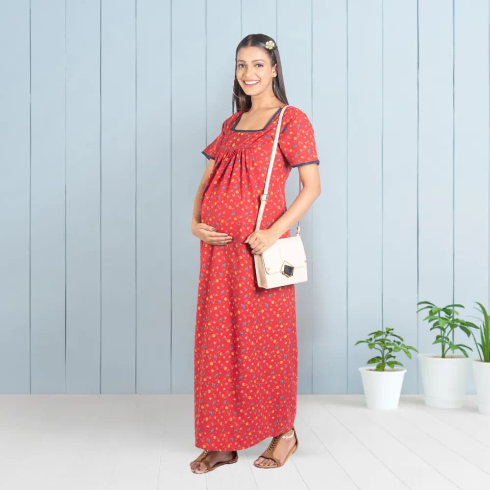 Maternity Dresses For Women with Both Side Zipper For Easy Feeding | Adjustable Belt for Growing Belly | Maxi Nighty Dress | Liberty Red | XXL