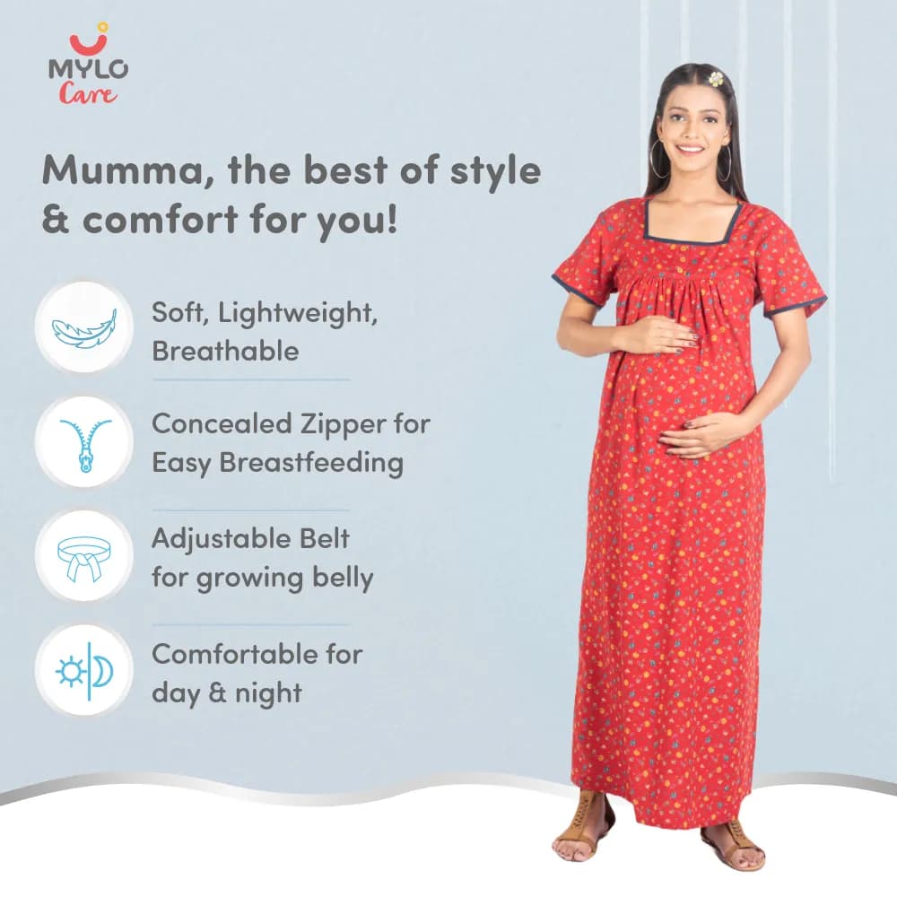 Maternity Dresses For Women with Both Side Zipper For Easy Feeding | Adjustable Belt for Growing Belly | Maxi Nighty Dress | Liberty Red | XXL