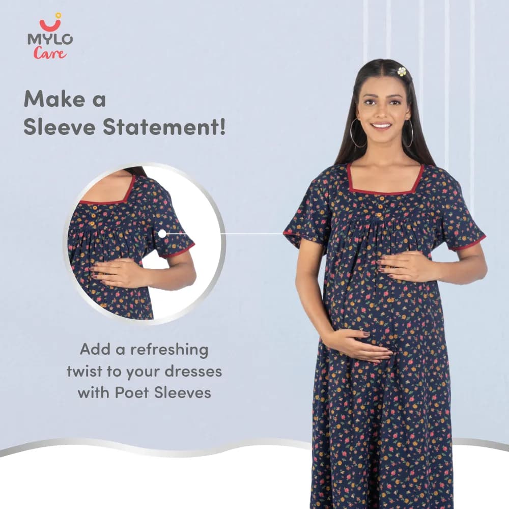 Maternity Dresses For Women with Both Side Zipper For Easy Feeding | Adjustable Belt for Growing Belly | Maxi Nighty Dress | Liberty Navy | XL