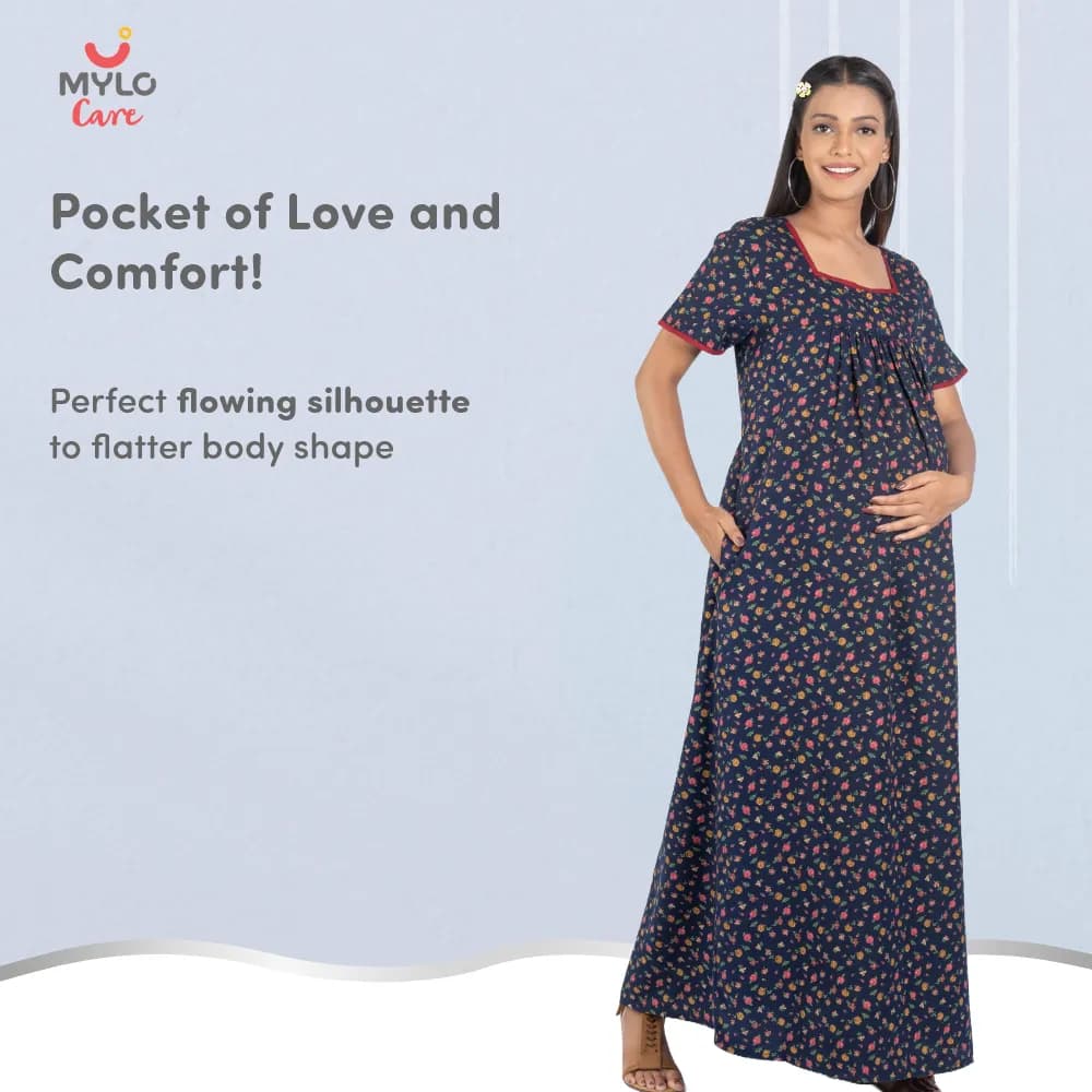 Maternity Dresses For Women with Both Side Zipper For Easy Feeding | Adjustable Belt for Growing Belly | Maxi Nighty Dress | Liberty Navy | XXL