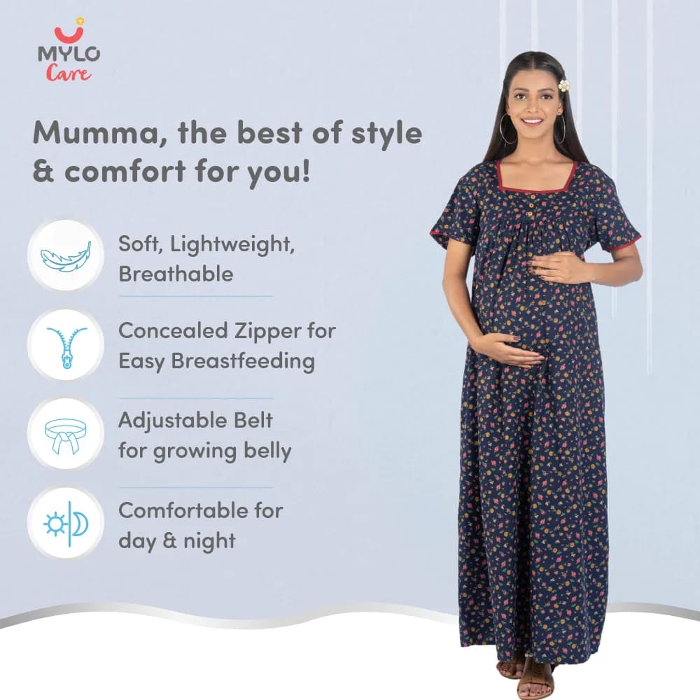 Maternity Dresses For Women with Both Side Zipper For Easy Feeding | Adjustable Belt for Growing Belly | Maxi Nighty Dress | Liberty Navy | XXL