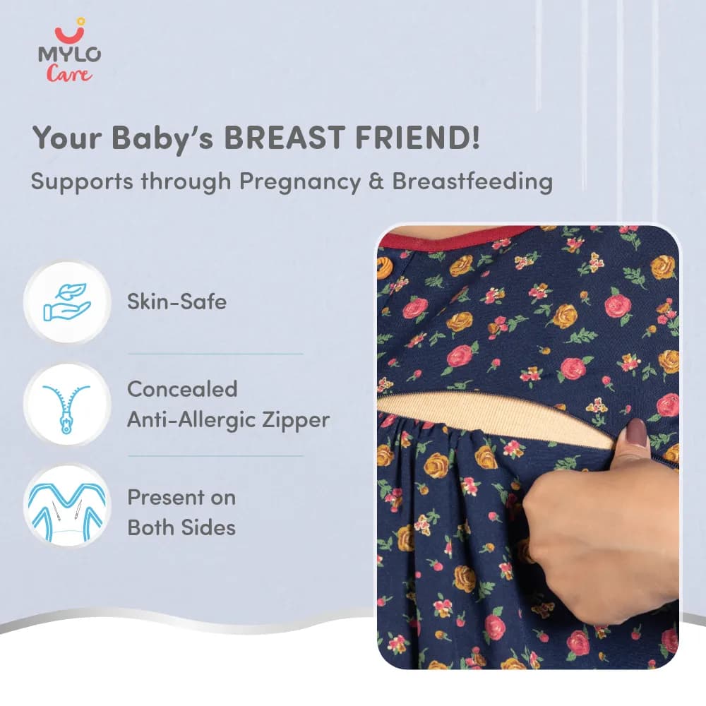 Maternity Dresses For Women with Both Side Zipper For Easy Feeding | Adjustable Belt for Growing Belly | Maxi Nighty Dress | Liberty Navy | XXL