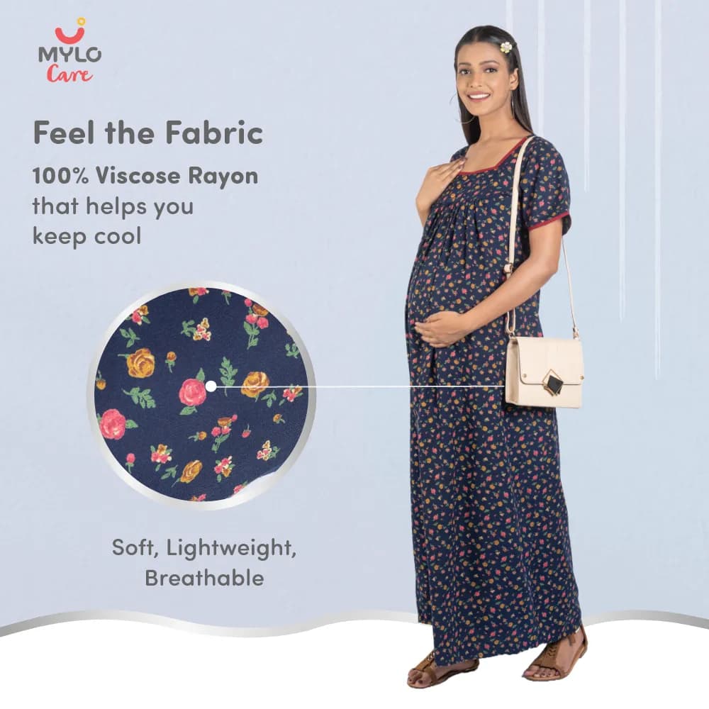 Maternity Dresses For Women with Both Side Zipper For Easy Feeding | Adjustable Belt for Growing Belly | Maxi Nighty Dress | Liberty Navy | XXL