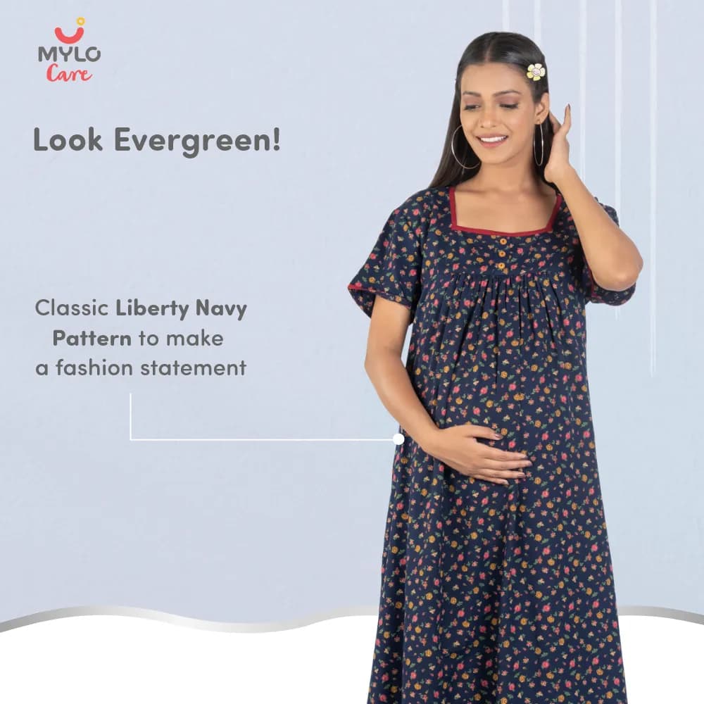 Maternity Dresses For Women with Both Side Zipper For Easy Feeding | Adjustable Belt for Growing Belly | Maxi Nighty Dress | Liberty Navy | XXL