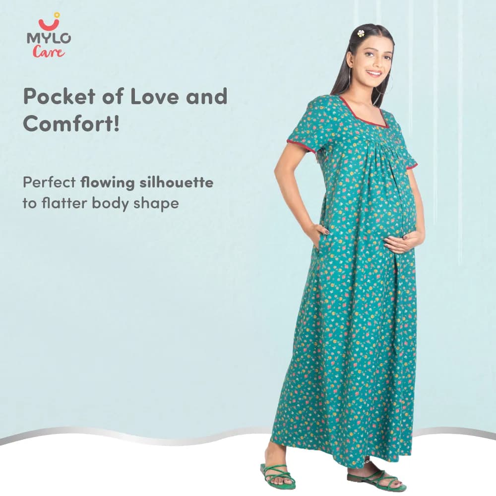 Maternity Dresses For Women with Both Side Zipper For Easy Feeding | Adjustable Belt for Growing Belly | Maxi Nighty Dress | Liberty Green | XL