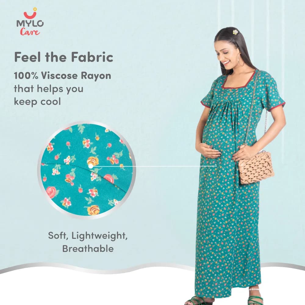 Maternity Dresses For Women with Both Side Zipper For Easy Feeding | Adjustable Belt for Growing Belly | Maxi Nighty Dress | Liberty Green | XL