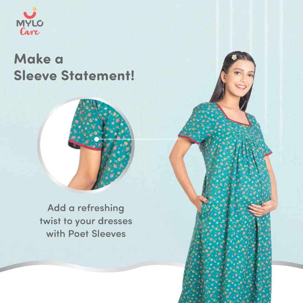 Maternity Dresses For Women with Both Side Zipper For Easy Feeding | Adjustable Belt for Growing Belly | Maxi Nighty Dress | Liberty Green | XL