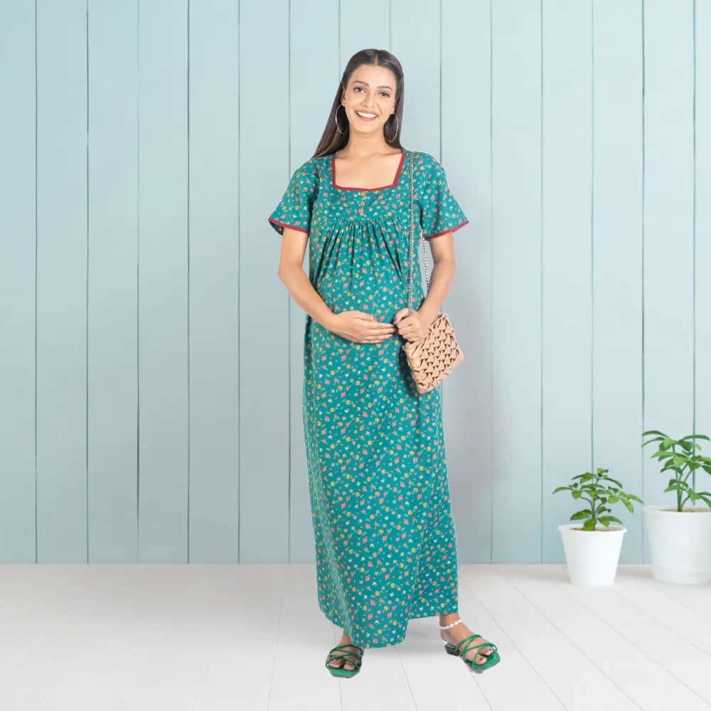 Maternity Dresses For Women with Both Side Zipper For Easy Feeding | Adjustable Belt for Growing Belly | Maxi Nighty Dress | Liberty Green | XXL