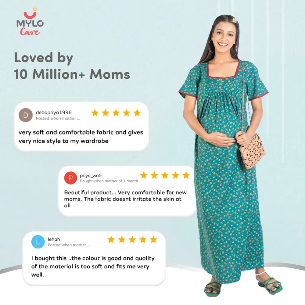 Maternity Dresses For Women with Both Side Zipper For Easy Feeding | Adjustable Belt for Growing Belly | Maxi Nighty Dress | Liberty Green | XXL
