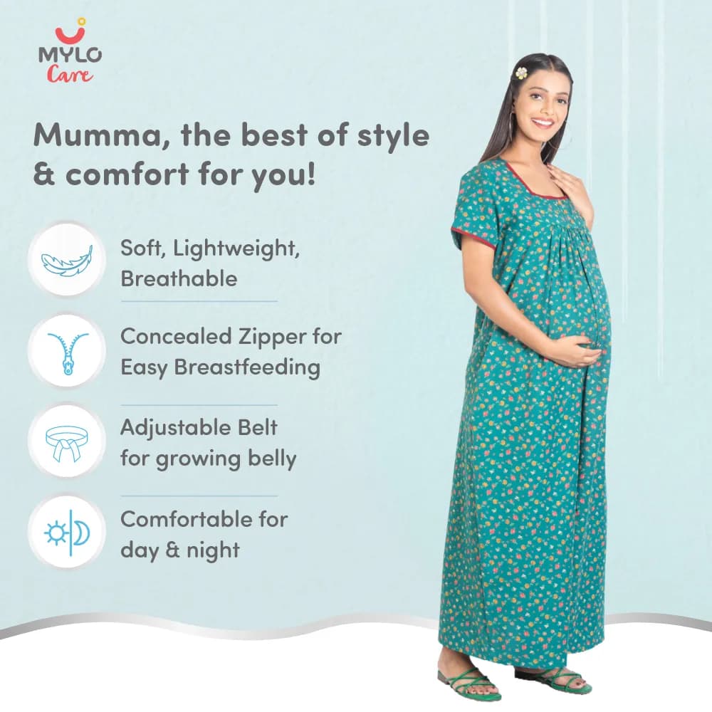 Maternity Dresses For Women with Both Side Zipper For Easy Feeding | Adjustable Belt for Growing Belly | Maxi Nighty Dress | Liberty Green | XXL