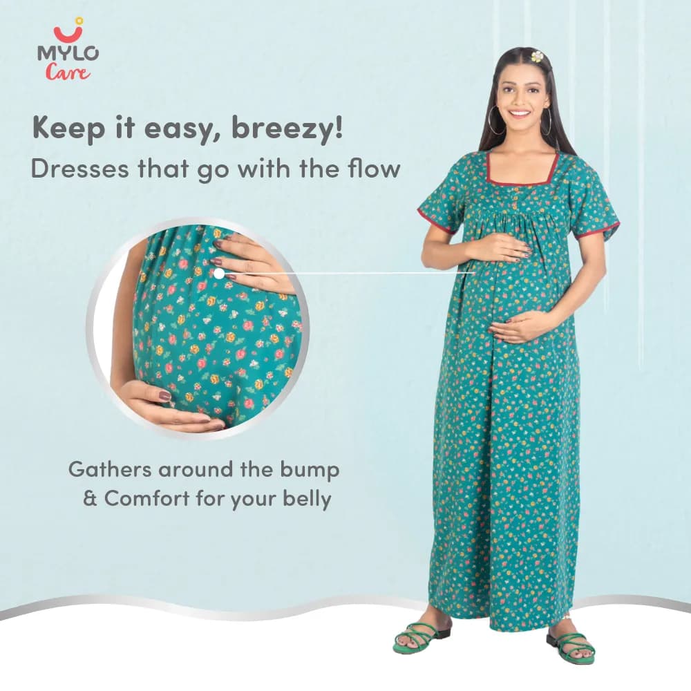 Maternity Dresses For Women with Both Side Zipper For Easy Feeding | Adjustable Belt for Growing Belly | Maxi Nighty Dress | Liberty Green | XXL