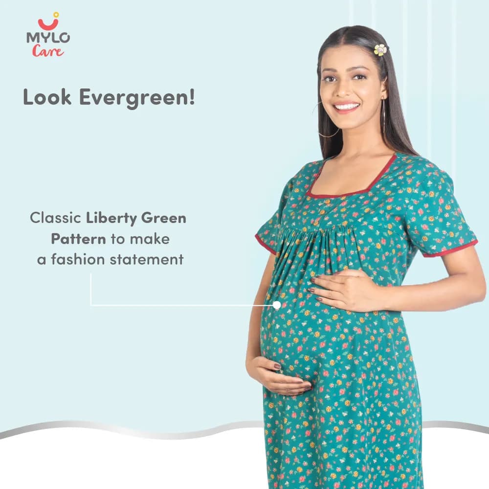 Maternity Dresses For Women with Both Side Zipper For Easy Feeding | Adjustable Belt for Growing Belly | Maxi Nighty Dress | Liberty Green | XXL