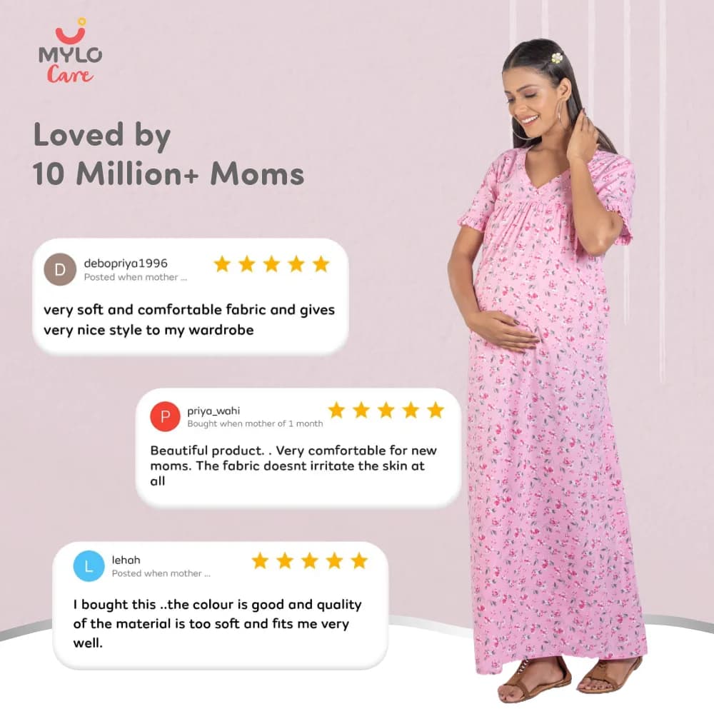 Maternity Dresses For Women with Both Side Zipper For Easy Feeding | Adjustable Belt for Growing Belly | Maxi Nighty Dress | Pink Peony | M