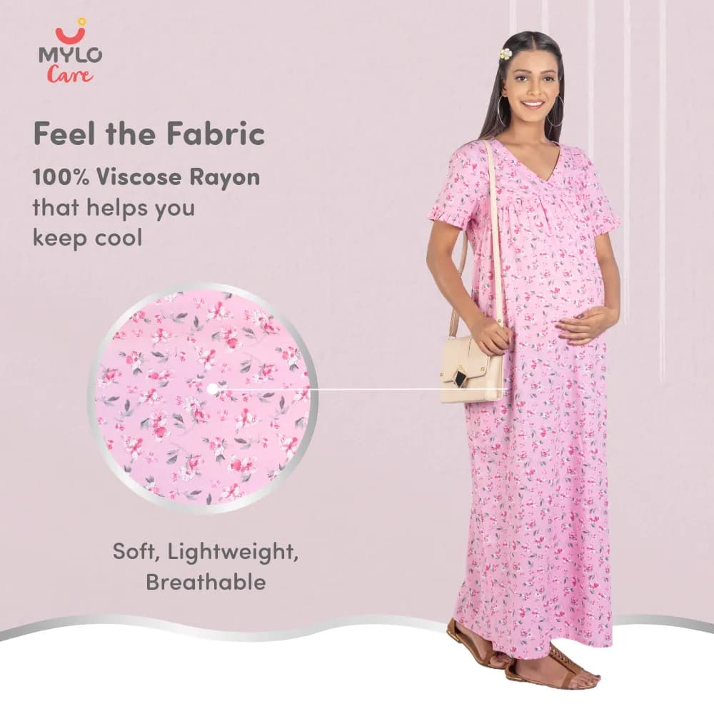 Maternity Dresses For Women with Both Side Zipper For Easy Feeding | Adjustable Belt for Growing Belly | Maxi Nighty Dress | Pink Peony | M