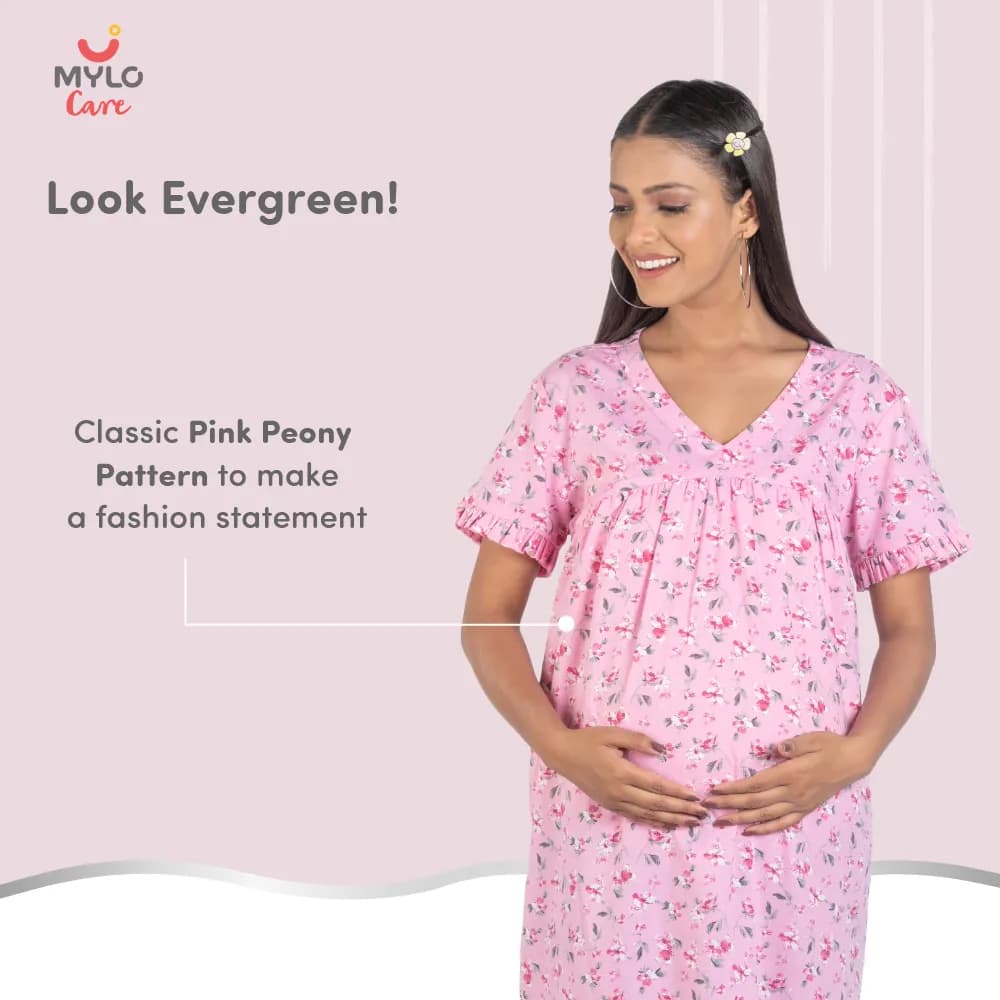 Maternity Dresses For Women with Both Side Zipper For Easy Feeding | Adjustable Belt for Growing Belly | Maxi Nighty Dress | Pink Peony | M