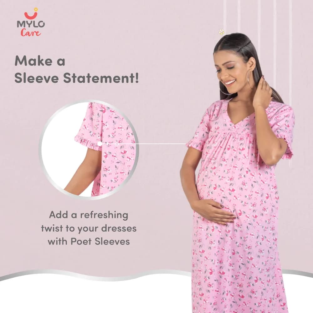Maternity Dresses For Women with Both Side Zipper For Easy Feeding | Adjustable Belt for Growing Belly | Maxi Nighty Dress | Pink Peony | M