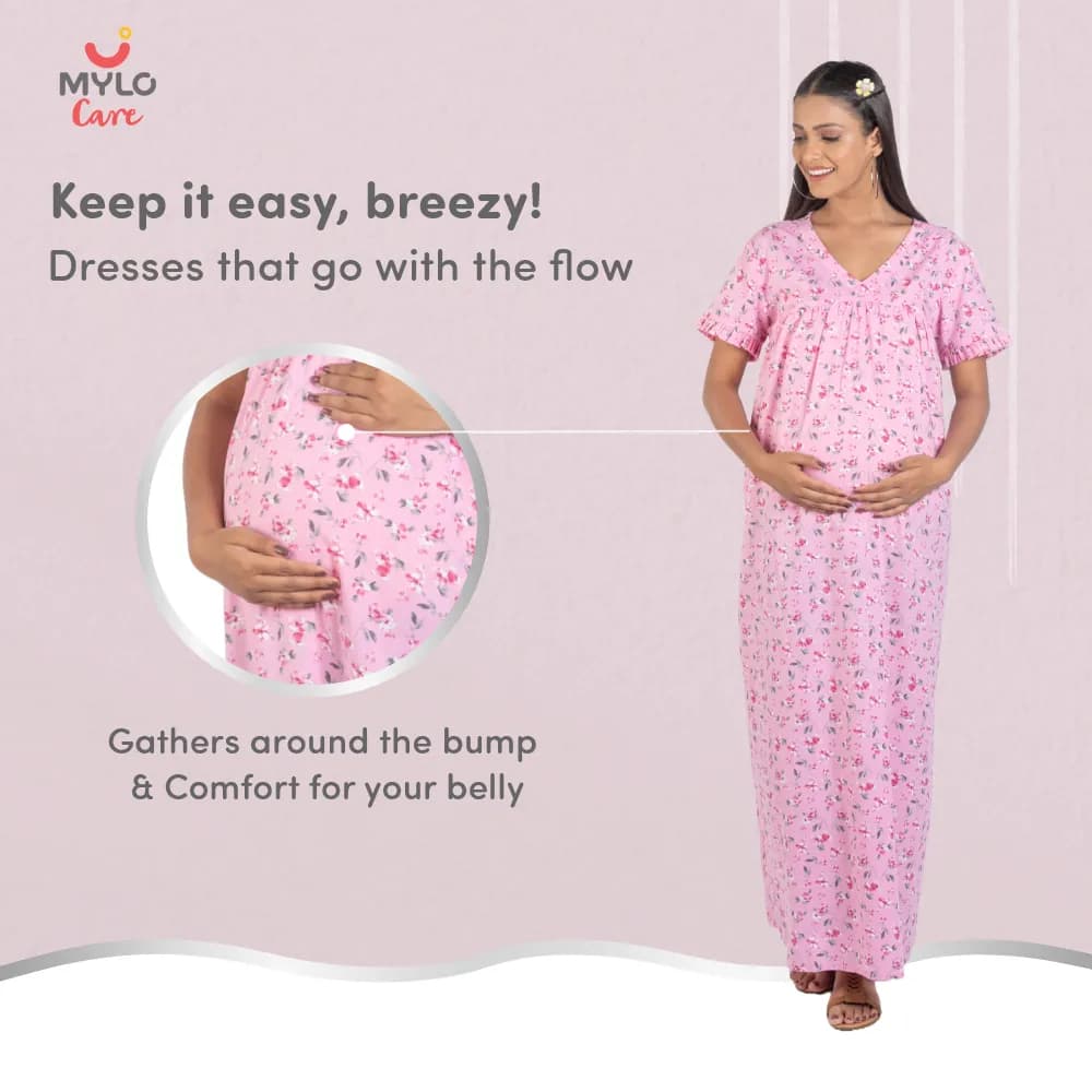 Maternity Dresses For Women with Both Side Zipper For Easy Feeding | Adjustable Belt for Growing Belly | Maxi Nighty Dress | Pink Peony | XL