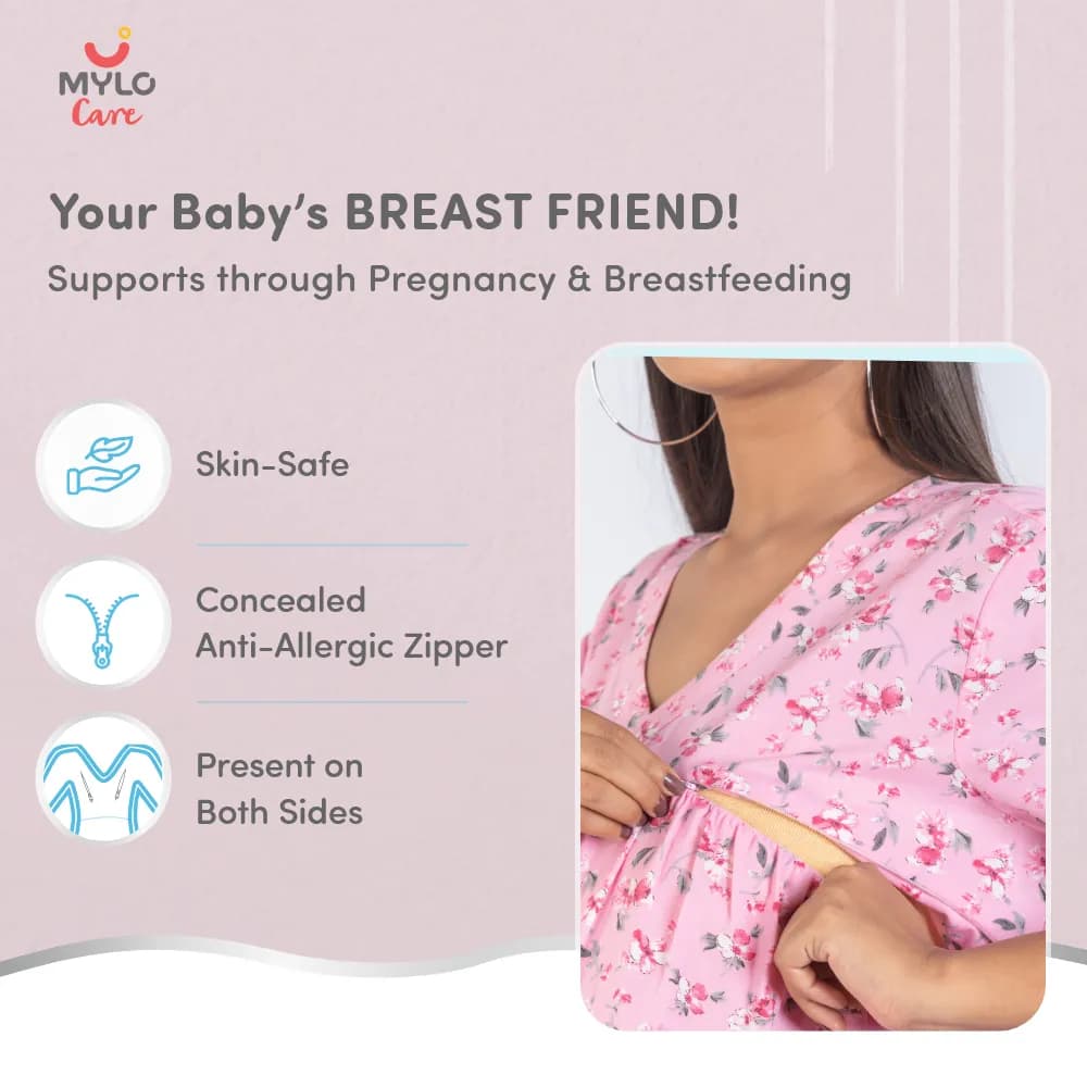 Maternity Dresses For Women with Both Side Zipper For Easy Feeding | Adjustable Belt for Growing Belly | Maxi Nighty Dress | Pink Peony | XL