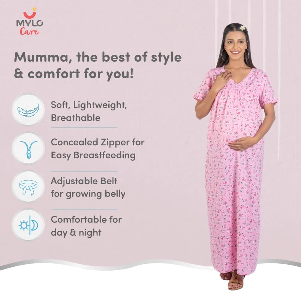 Maternity Dresses For Women with Both Side Zipper For Easy Feeding | Adjustable Belt for Growing Belly | Maxi Nighty Dress | Pink Peony | XXL