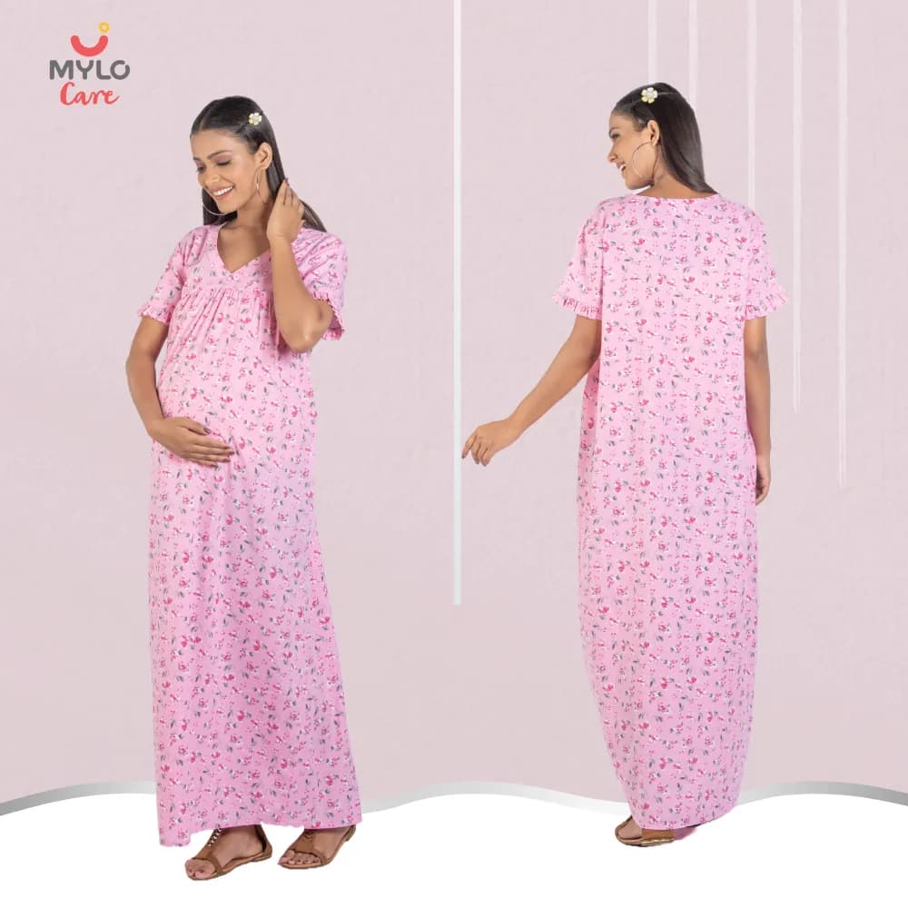 Maternity Dresses For Women with Both Side Zipper For Easy Feeding | Adjustable Belt for Growing Belly | Maxi Nighty Dress | Pink Peony | XXL