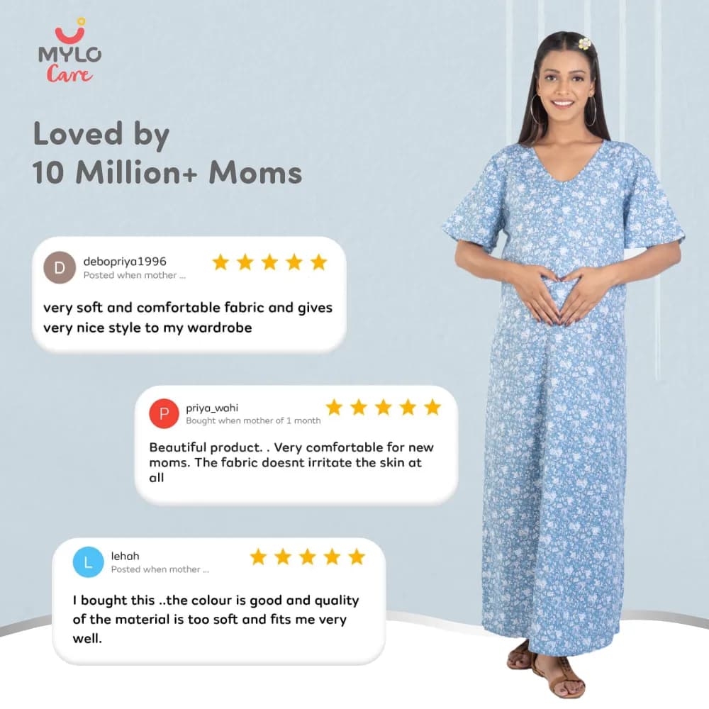 Maternity Dresses For Women with Both Side Zipper For Easy Feeding | Adjustable Belt for Growing Belly | Maxi Nighty Dress | Blue Peony | XXL