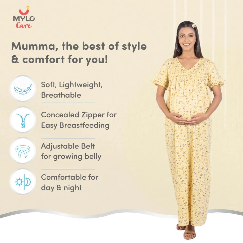 Maternity Dresses For Women with Both Side Zipper For Easy Feeding | Adjustable Belt for Growing Belly | Maxi Nighty Dress | Yellow Peony | M
