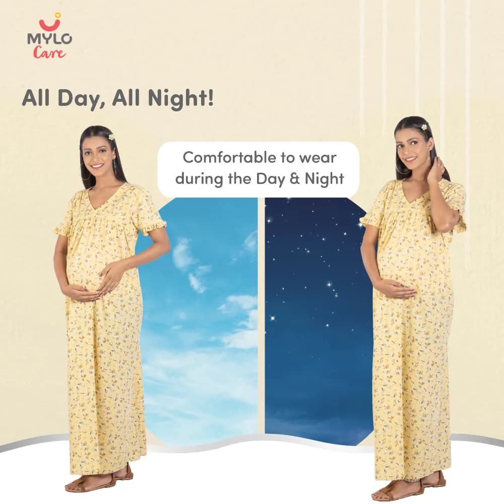Maternity Dresses For Women with Both Side Zipper For Easy Feeding | Adjustable Belt for Growing Belly | Maxi Nighty Dress | Yellow Peony | M