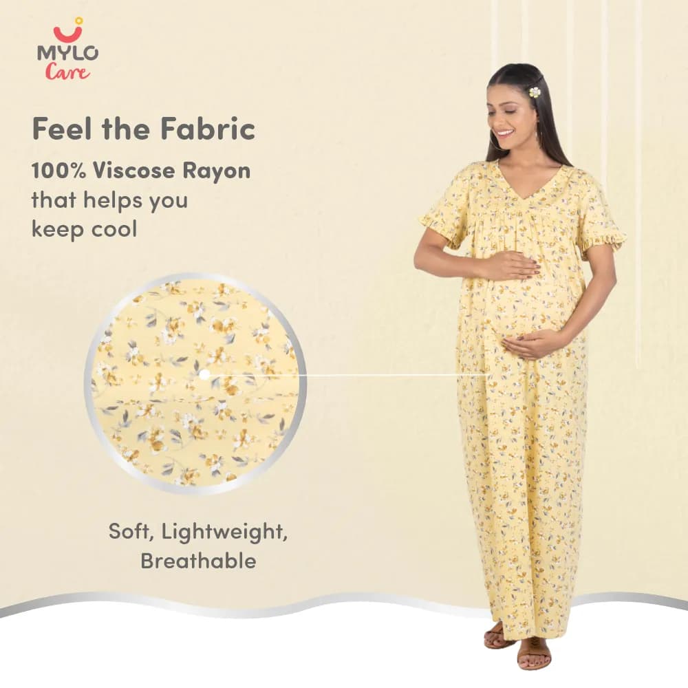 Maternity Dresses For Women with Both Side Zipper For Easy Feeding | Adjustable Belt for Growing Belly | Maxi Nighty Dress | Yellow Peony | M