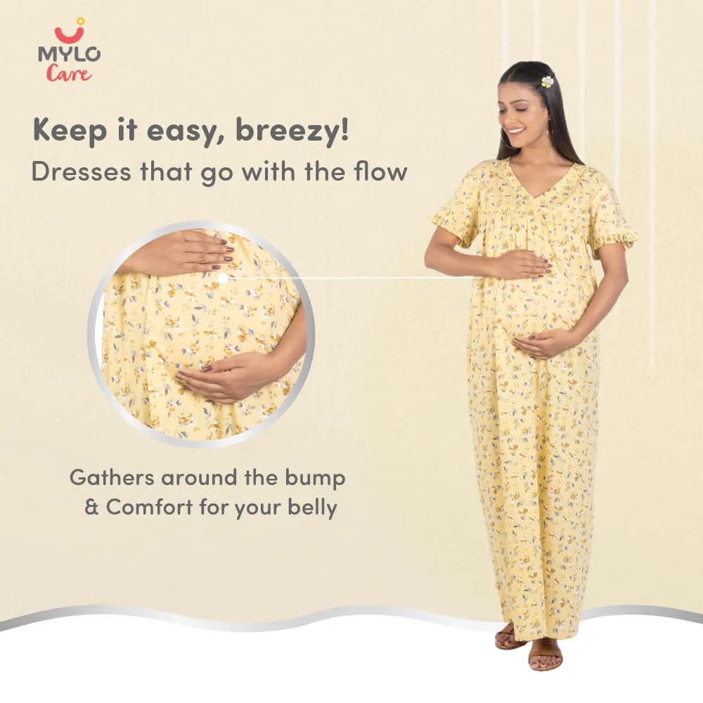 Maternity Dresses For Women with Both Side Zipper For Easy Feeding | Adjustable Belt for Growing Belly | Maxi Nighty Dress | Yellow Peony | XL
