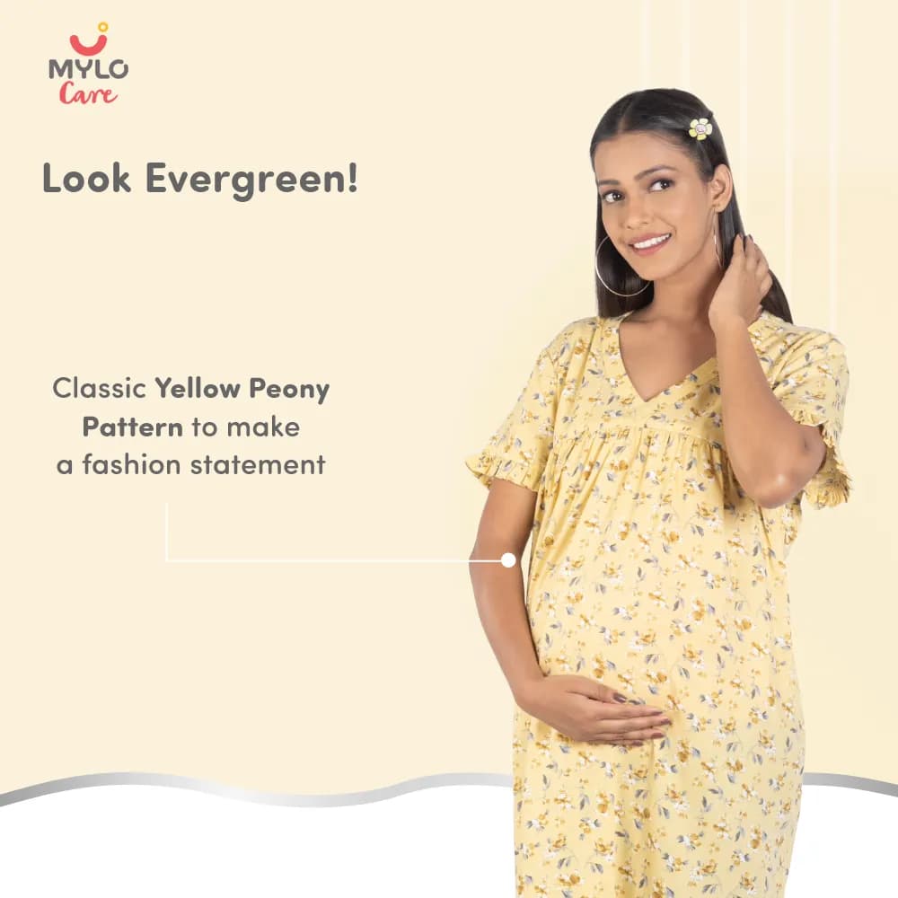 Maternity Dresses For Women with Both Side Zipper For Easy Feeding | Adjustable Belt for Growing Belly | Maxi Nighty Dress | Yellow Peony | XL