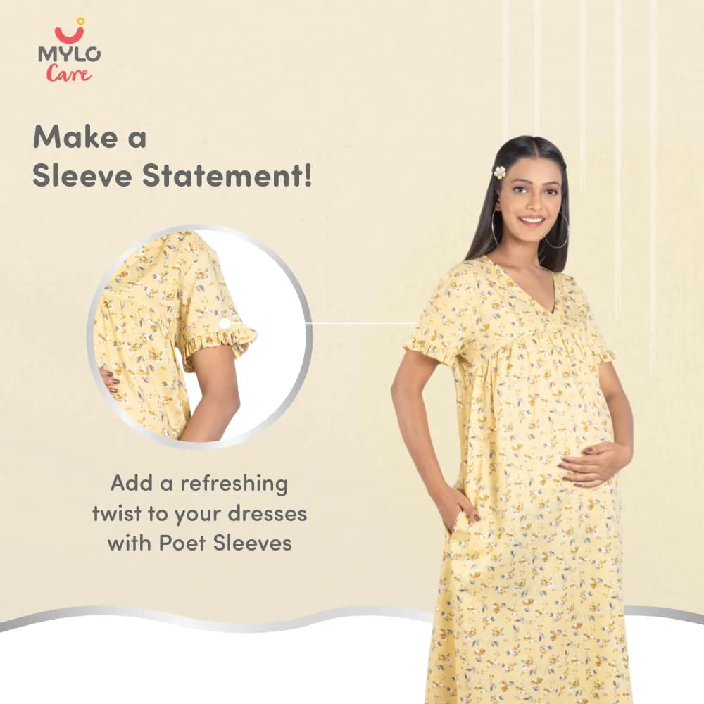 Maternity Dresses For Women with Both Side Zipper For Easy Feeding | Adjustable Belt for Growing Belly | Maxi Nighty Dress | Yellow Peony | XL