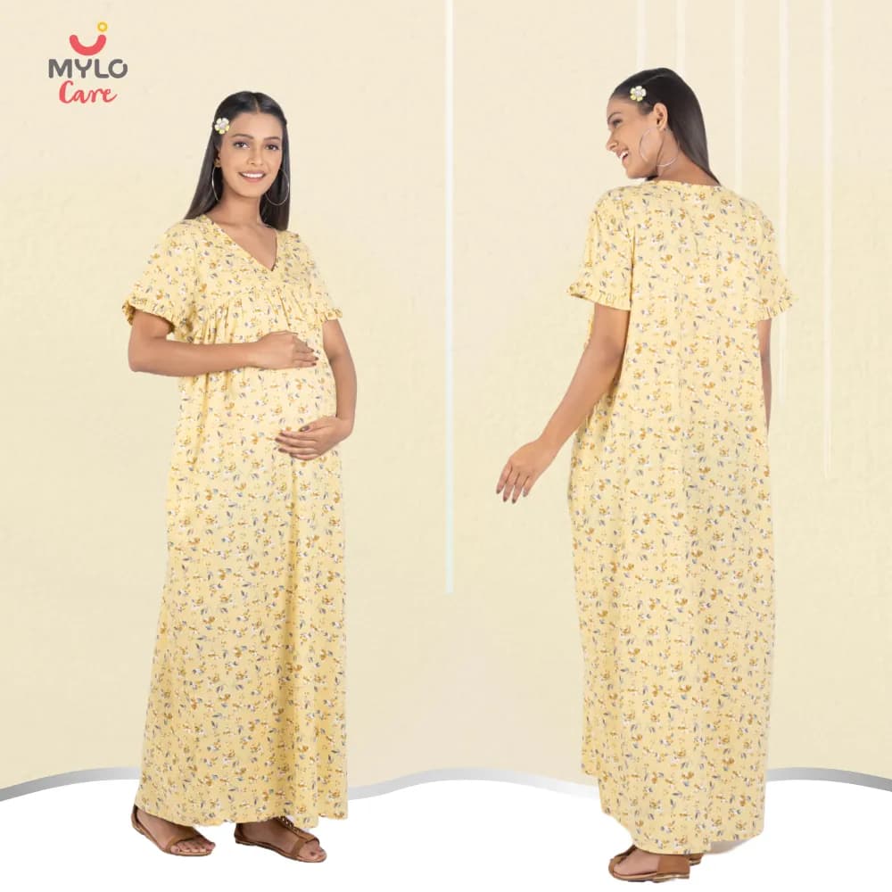 Maternity Dresses For Women with Both Side Zipper For Easy Feeding | Adjustable Belt for Growing Belly | Maxi Nighty Dress | Yellow Peony | XL