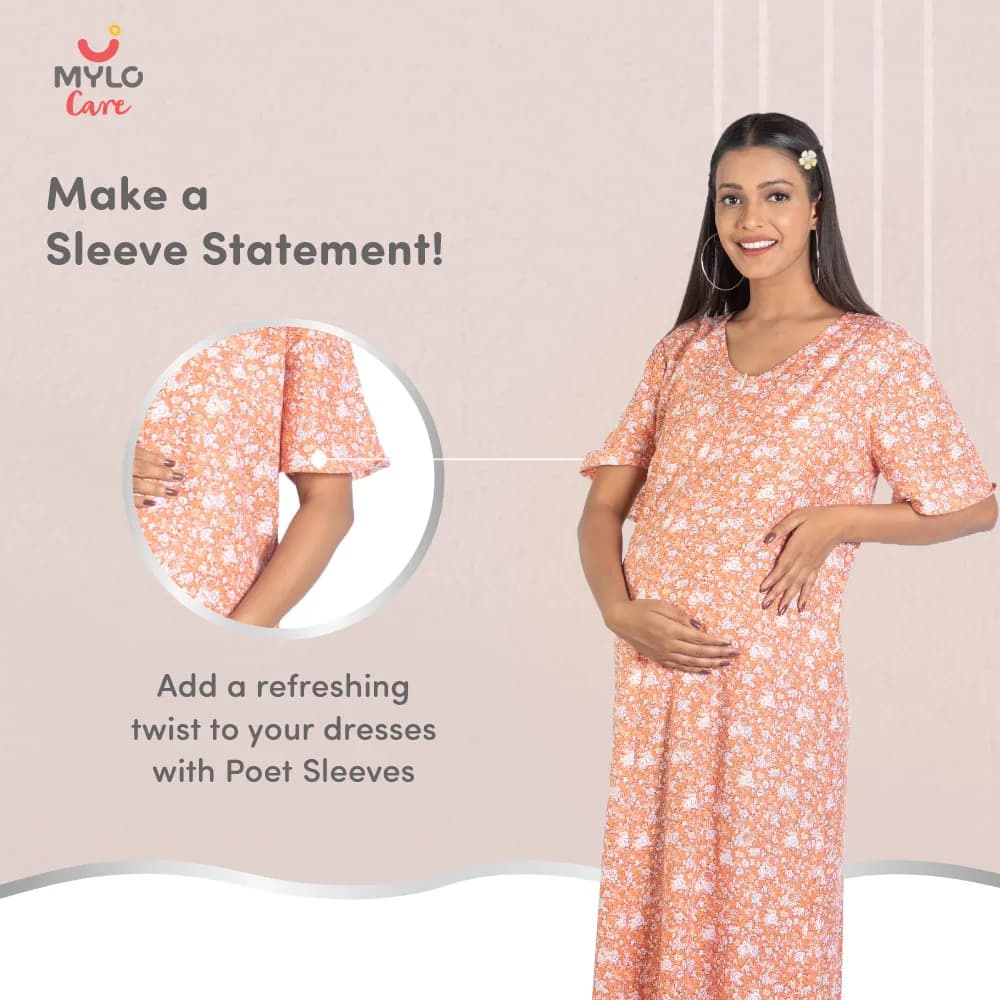 Maternity Dresses For Women with Both Side Zipper For Easy Feeding | Adjustable Belt for Growing Belly | Maxi Nighty Dress | Orange Rose | M