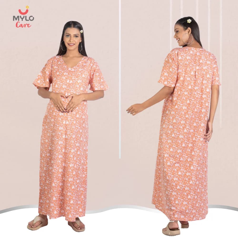 Maternity Dresses For Women with Both Side Zipper For Easy Feeding | Adjustable Belt for Growing Belly | Maxi Nighty Dress | Orange Rose | M