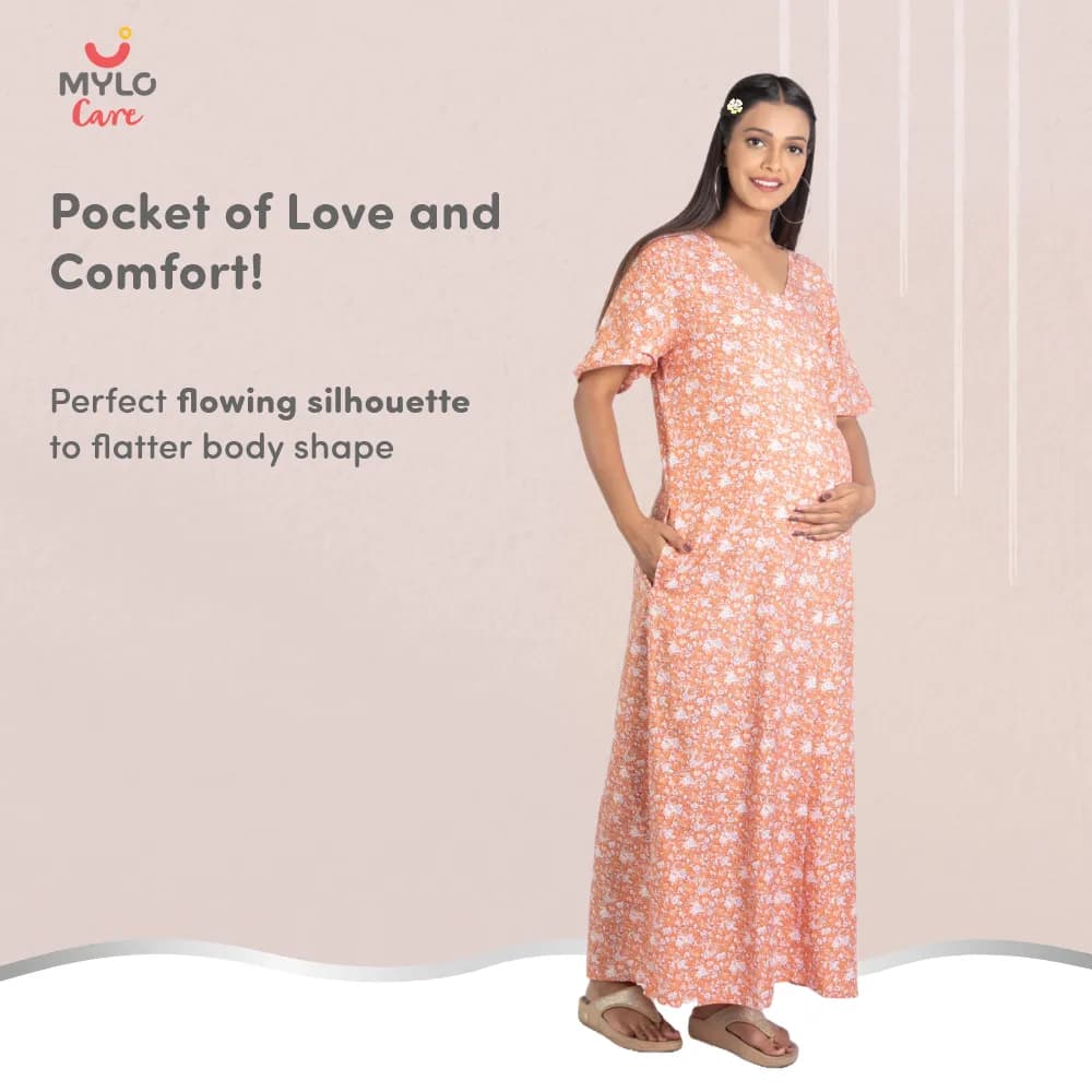Maternity Dresses For Women with Both Side Zipper For Easy Feeding | Adjustable Belt for Growing Belly | Maxi Nighty Dress | Orange Rose | XL