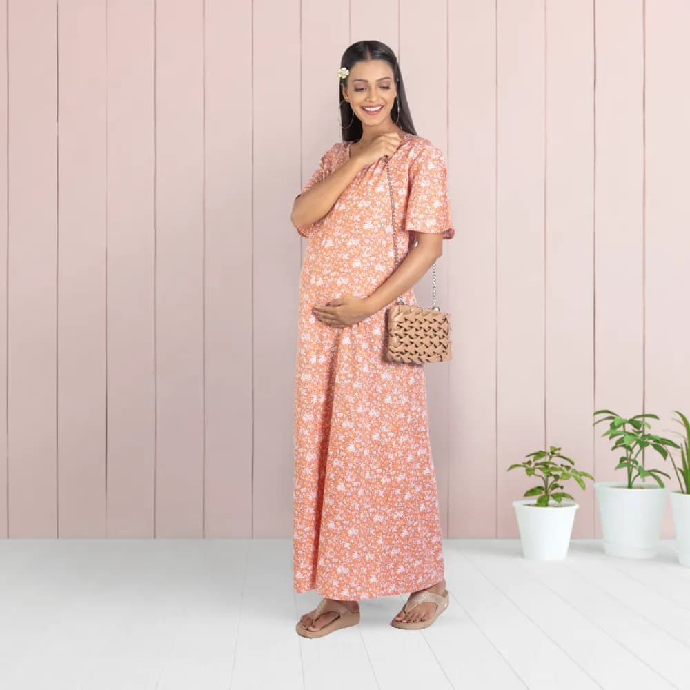 Maternity Dresses For Women with Both Side Zipper For Easy Feeding | Adjustable Belt for Growing Belly | Maxi Nighty Dress | Orange Rose | XXL