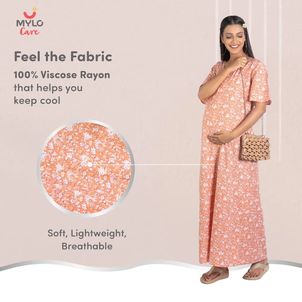 Maternity Dresses For Women with Both Side Zipper For Easy Feeding | Adjustable Belt for Growing Belly | Maxi Nighty Dress | Orange Rose | XXL