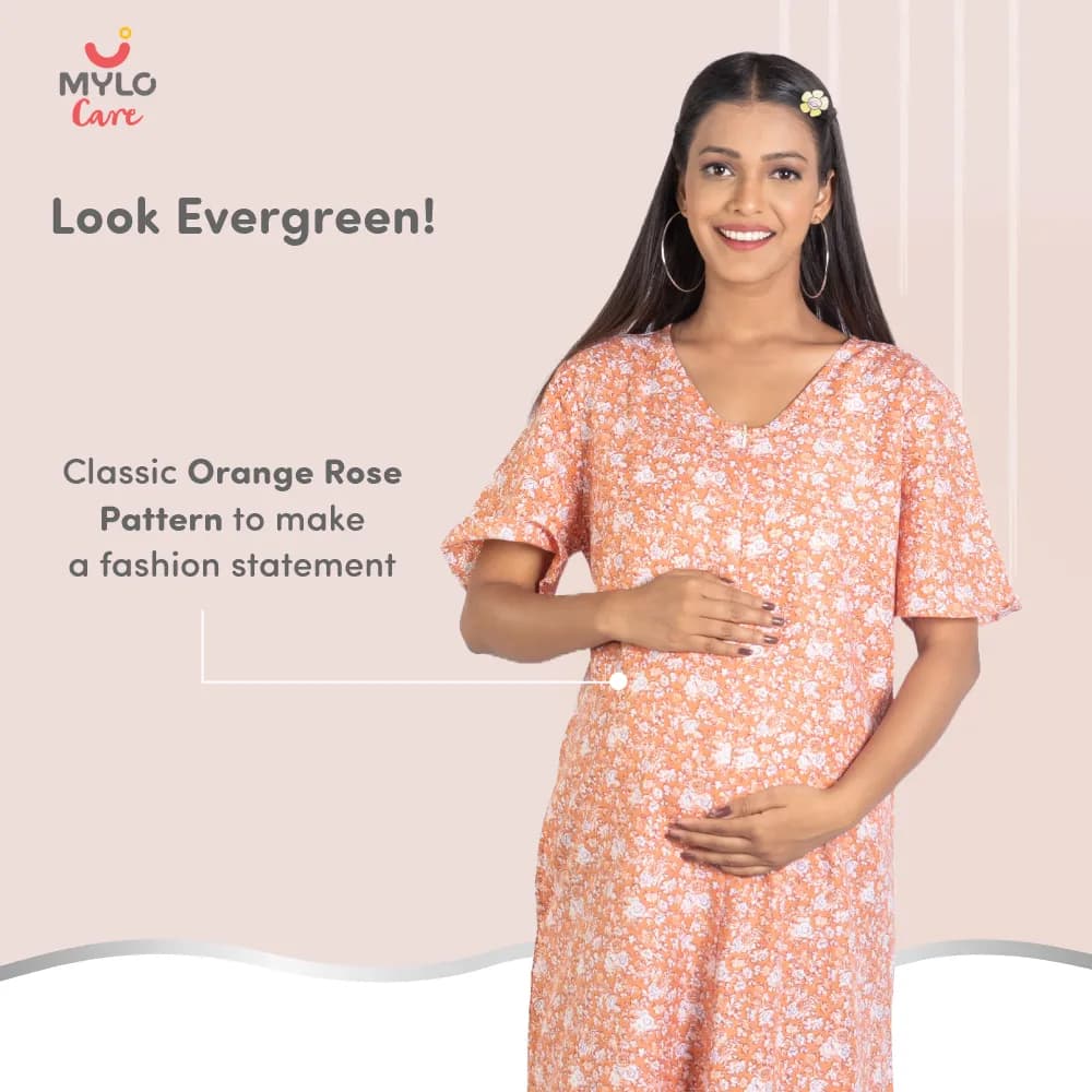 Maternity Dresses For Women with Both Side Zipper For Easy Feeding | Adjustable Belt for Growing Belly | Maxi Nighty Dress | Orange Rose | XXL