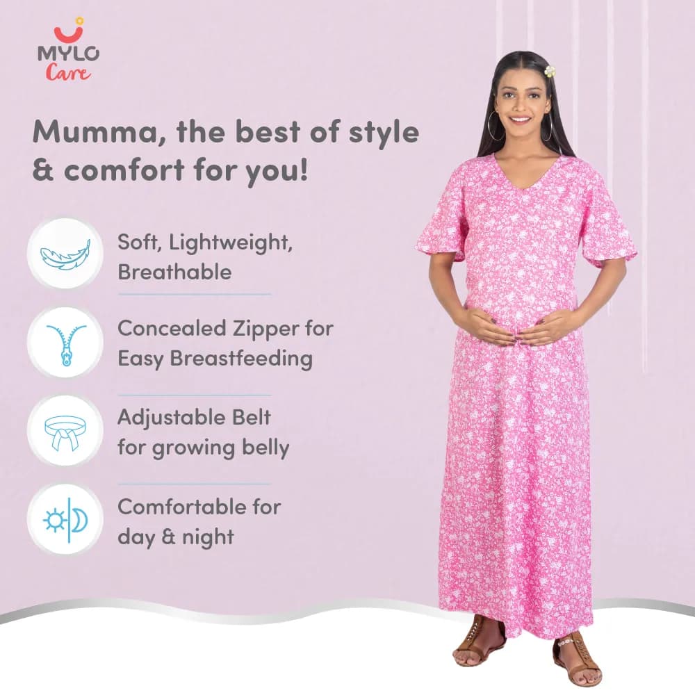 Maternity Dresses For Women with Both Side Zipper For Easy Feeding | Adjustable Belt for Growing Belly | Maxi Nighty Dress | Pink Rose | M