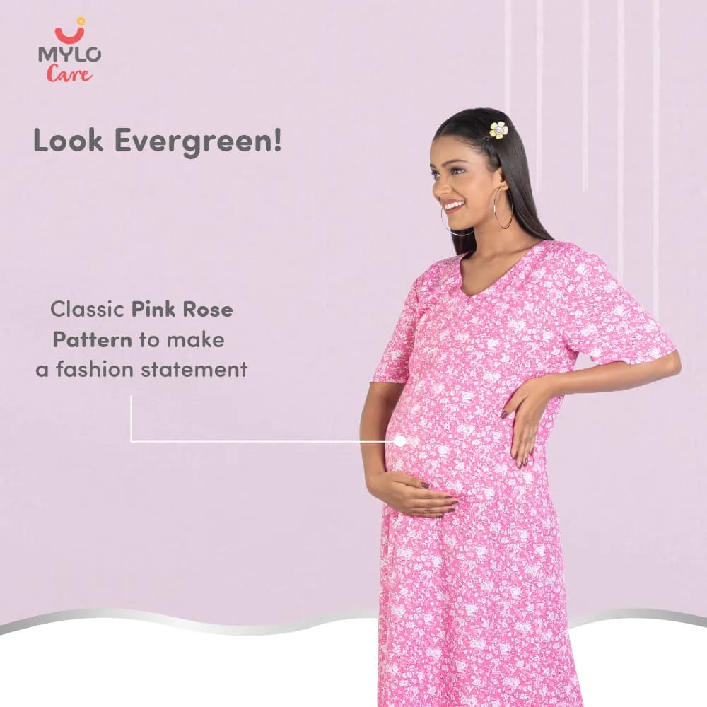 Maternity Dresses For Women with Both Side Zipper For Easy Feeding | Adjustable Belt for Growing Belly | Maxi Nighty Dress | Pink Rose | M