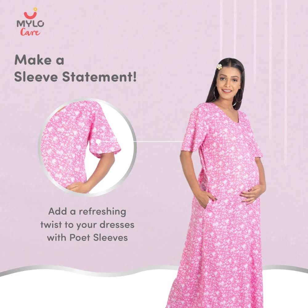 Maternity Dresses For Women with Both Side Zipper For Easy Feeding | Adjustable Belt for Growing Belly | Maxi Nighty Dress | Pink Rose | M