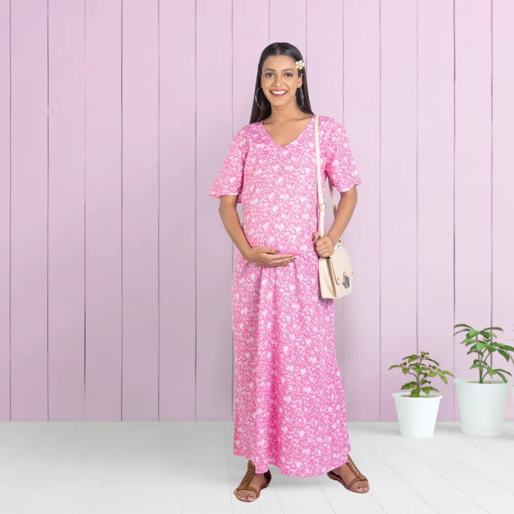 Maternity Dresses For Women with Both Side Zipper For Easy Feeding | Adjustable Belt for Growing Belly | Maxi Nighty Dress | Pink Rose | XL