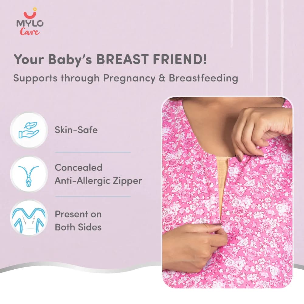 Maternity Dresses For Women with Both Side Zipper For Easy Feeding | Adjustable Belt for Growing Belly | Maxi Nighty Dress | Pink Rose | XL