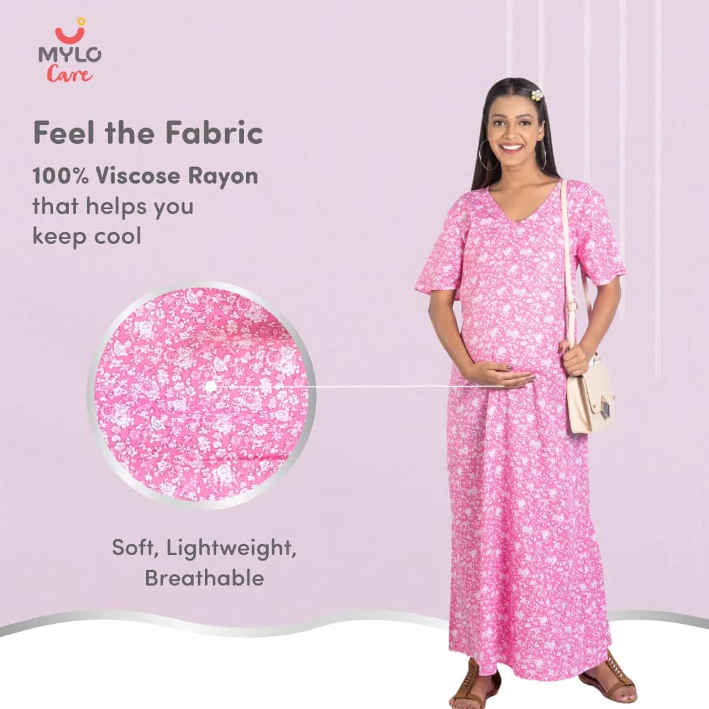 Maternity Dresses For Women with Both Side Zipper For Easy Feeding | Adjustable Belt for Growing Belly | Maxi Nighty Dress | Pink Rose | XL