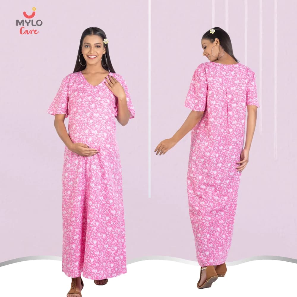 Maternity Dresses For Women with Both Side Zipper For Easy Feeding | Adjustable Belt for Growing Belly | Maxi Nighty Dress | Pink Rose | XL