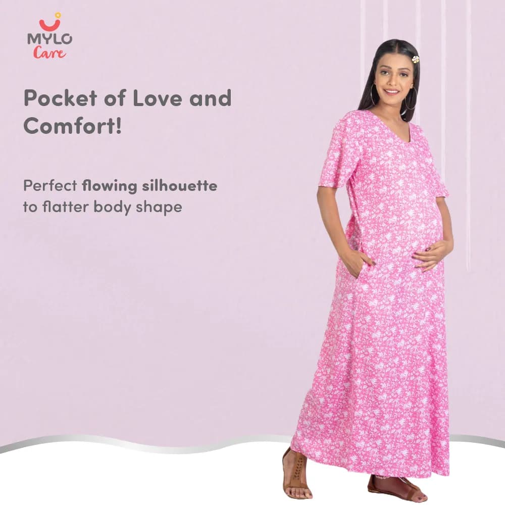 Maternity Dresses For Women with Both Side Zipper For Easy Feeding | Adjustable Belt for Growing Belly | Maxi Nighty Dress | Pink Rose | XXL