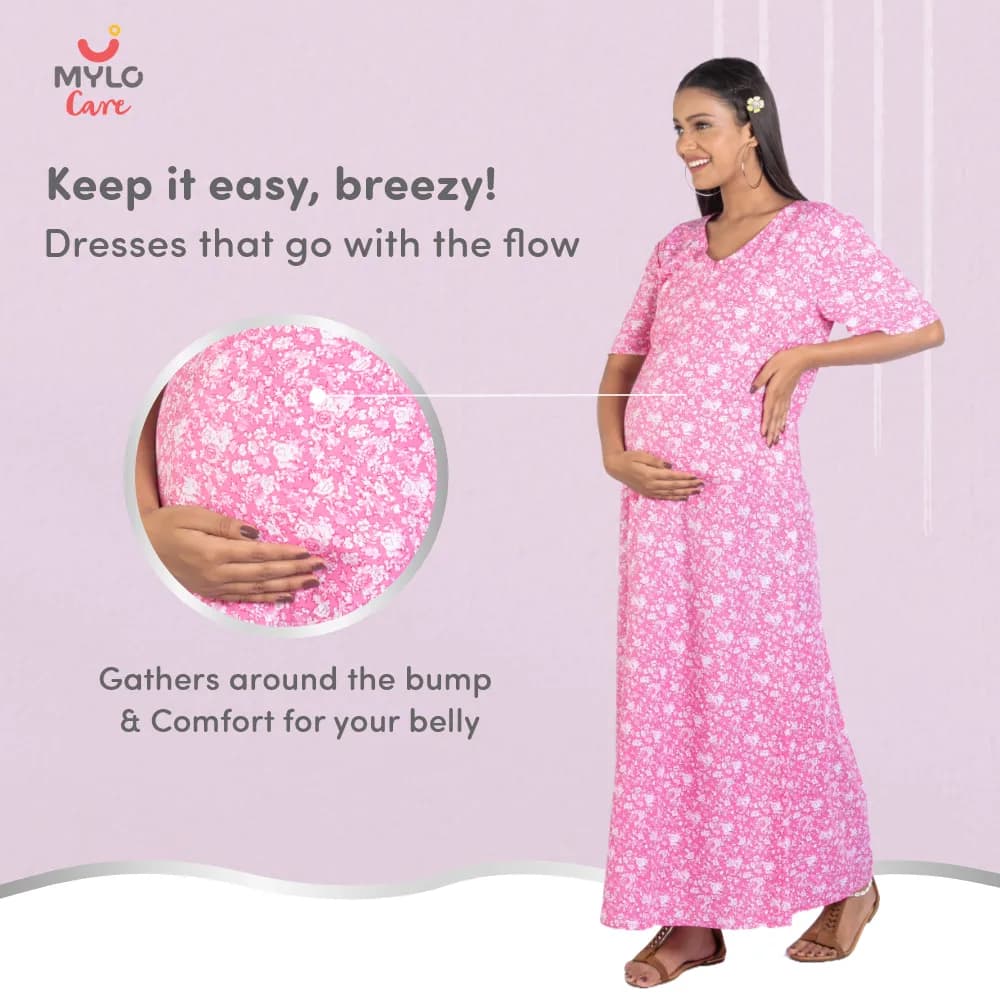 Maternity Dresses For Women with Both Side Zipper For Easy Feeding | Adjustable Belt for Growing Belly | Maxi Nighty Dress | Pink Rose | XXL