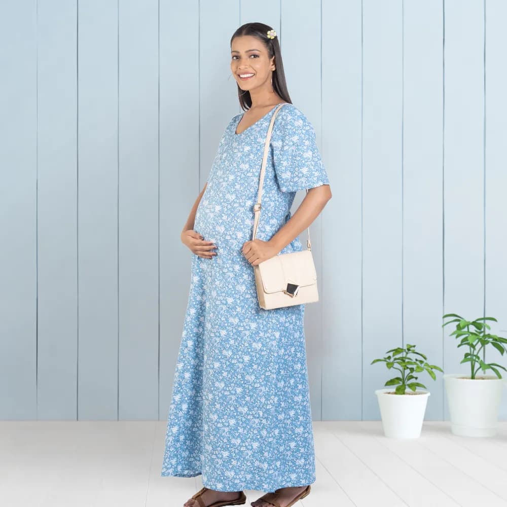 Maternity Dresses For Women with Both Side Zipper For Easy Feeding | Adjustable Belt for Growing Belly | Maxi Nighty Dress | Blue Rose | M