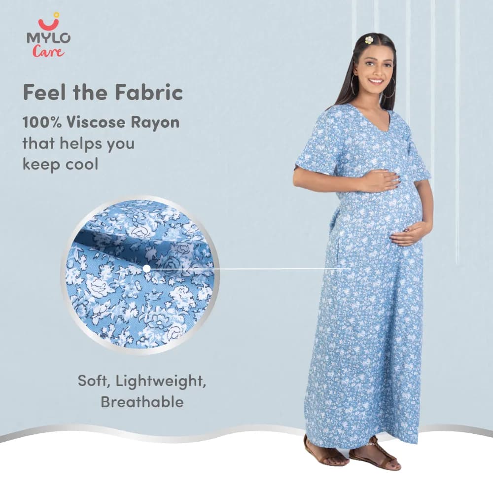 Maternity Dresses For Women with Both Side Zipper For Easy Feeding | Adjustable Belt for Growing Belly | Maxi Nighty Dress | Blue Rose | M
